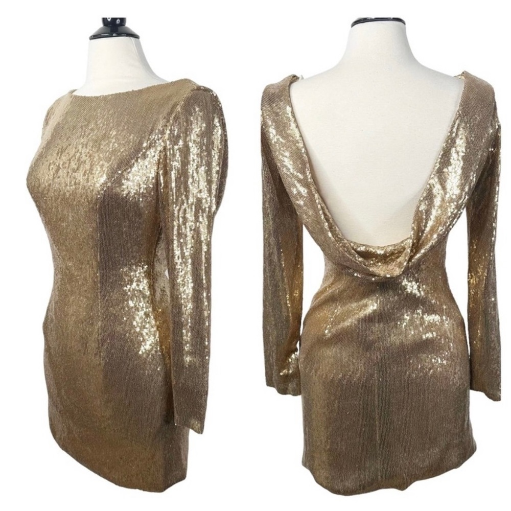 Sherri Hill Vintage Gold Sequined Draped Back Short Dress sz 6